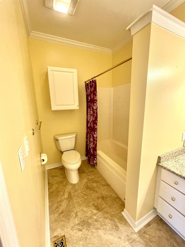 full bathroom featuring vanity, crown molding, toilet, and shower / bath combo with shower curtain