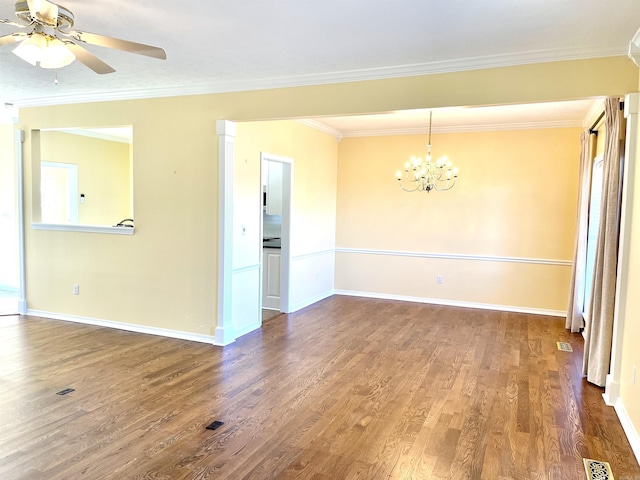 unfurnished room featuring hardwood / wood-style flooring, ceiling fan with notable chandelier, and ornamental molding