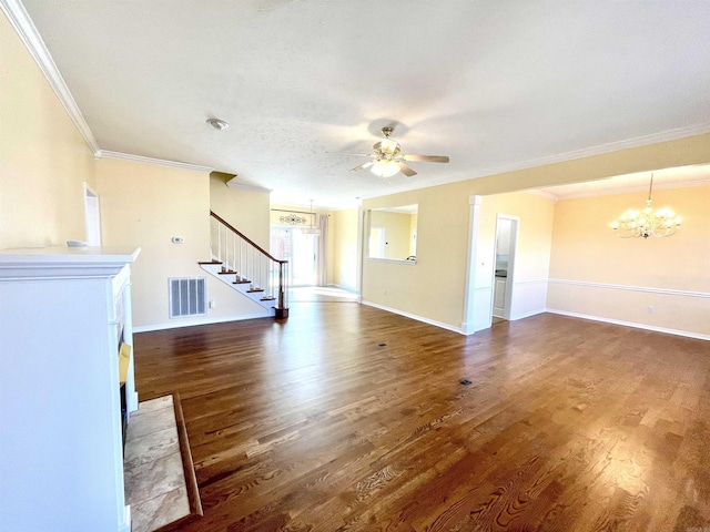 unfurnished living room with crown molding, dark hardwood / wood-style floors, and ceiling fan with notable chandelier