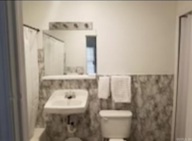 1107 Reynolds St, Clarksville, AR 72830 - full bathroom featuring toilet, a wainscoted wall, and a shower with shower curtain