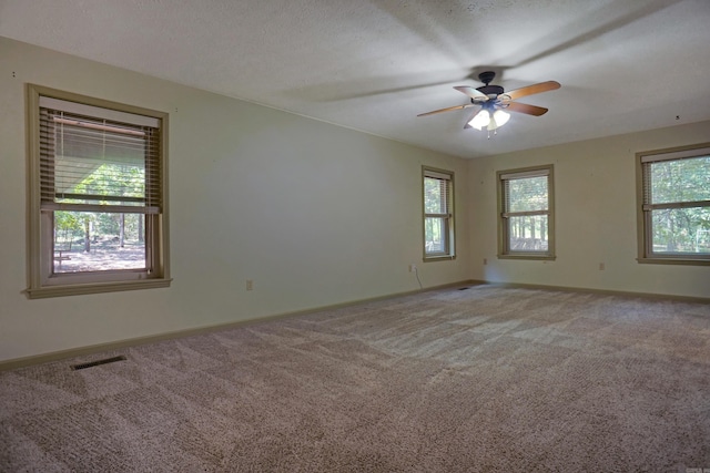 carpeted empty room with plenty of natural light, a textured ceiling, and ceiling fan