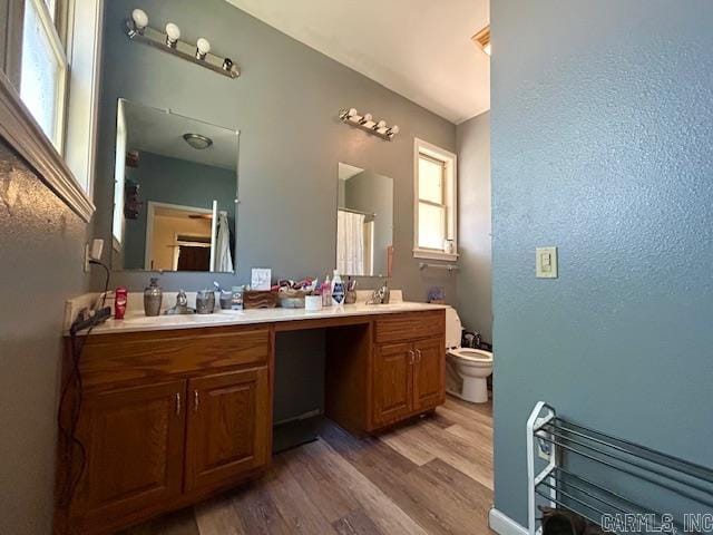 bathroom featuring double vanity, wood-type flooring, and toilet