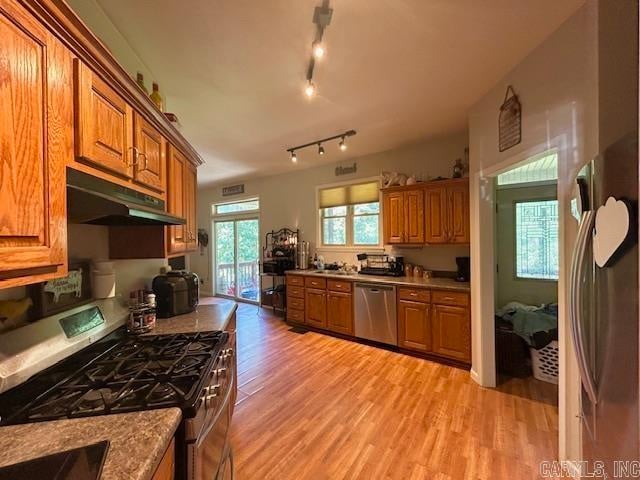 kitchen with appliances with stainless steel finishes, light hardwood / wood-style flooring, rail lighting, and sink