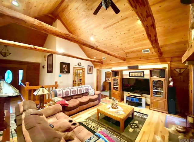 living room featuring vaulted ceiling with beams, light wood-type flooring, ceiling fan, and wooden ceiling