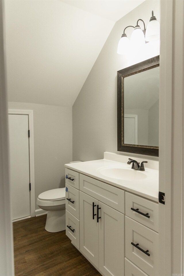9 Jeremiah Cv, Heber Springs, AR 72543 - bathroom featuring hardwood / wood-style flooring, vanity, vaulted ceiling, and toilet