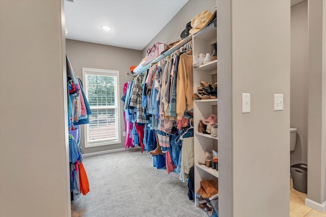 walk in closet with light carpet