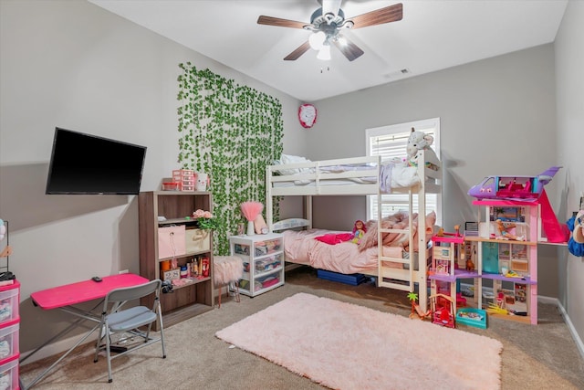 bedroom featuring carpet flooring and ceiling fan