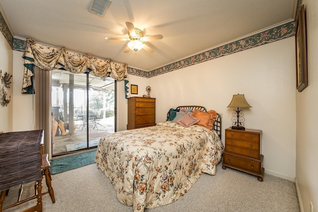 carpeted bedroom with ceiling fan and access to exterior