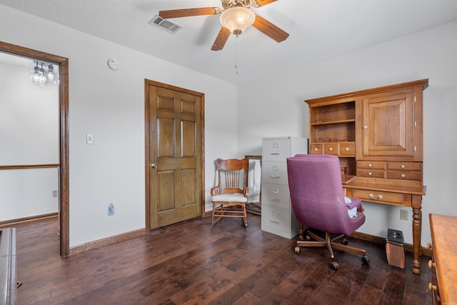 office area with dark hardwood / wood-style flooring and ceiling fan