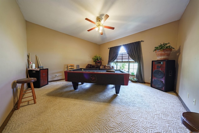 rec room featuring baseboards, billiards, a ceiling fan, and light colored carpet