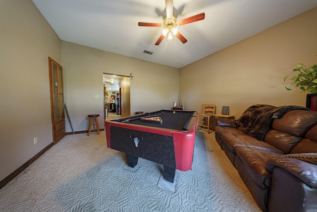 game room featuring light carpet, billiards, visible vents, baseboards, and ceiling fan