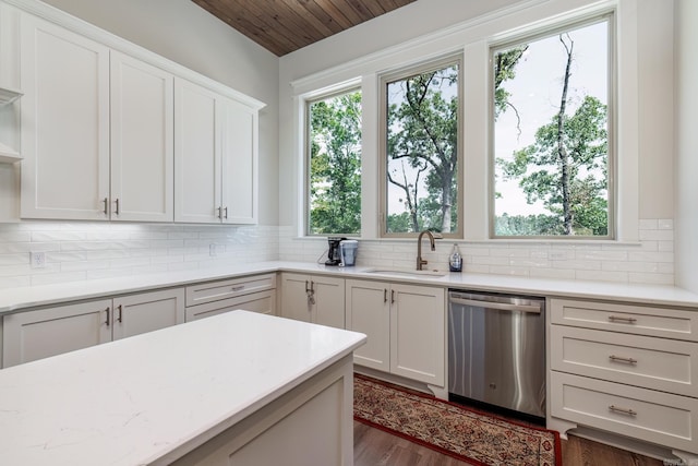 kitchen with white cabinets, decorative backsplash, sink, dishwasher, and dark hardwood / wood-style floors