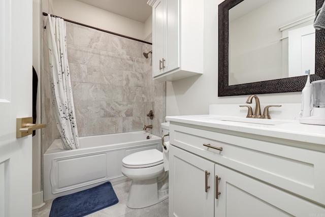 full bathroom with tile patterned floors, vanity, toilet, and shower / bathtub combination with curtain