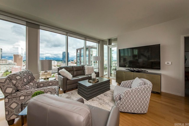 living room featuring light hardwood / wood-style floors and floor to ceiling windows