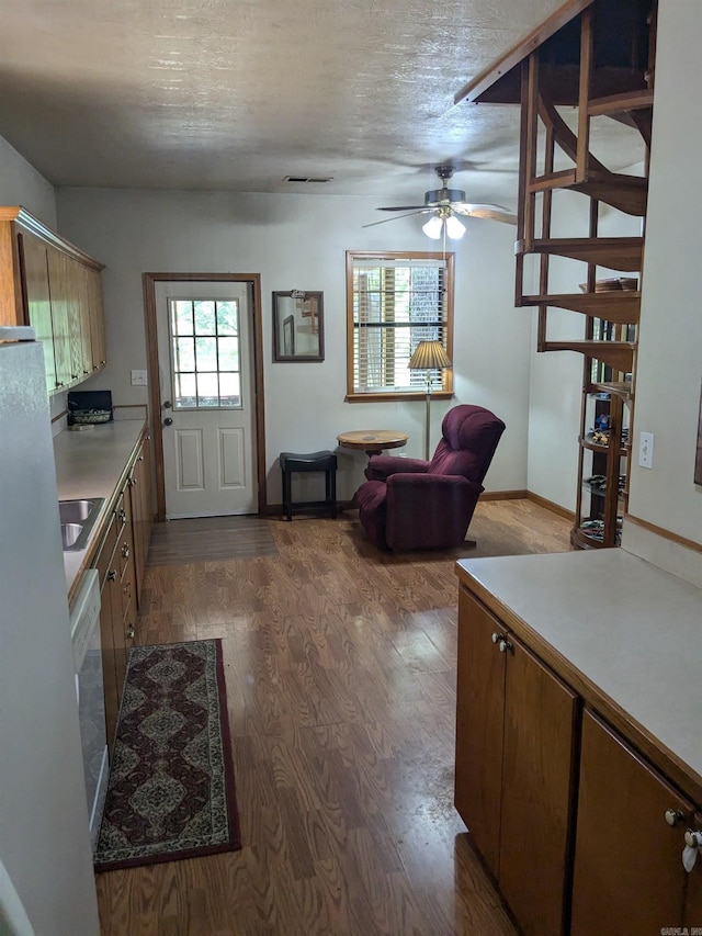 kitchen featuring a textured ceiling, ceiling fan, dark wood-type flooring, dishwasher, and sink