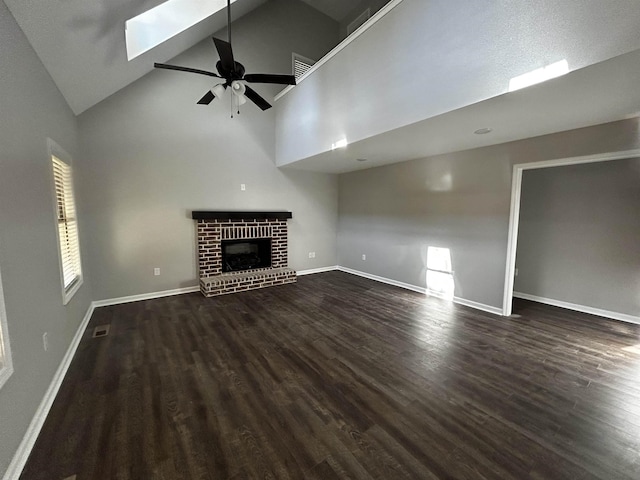 unfurnished living room featuring dark hardwood / wood-style flooring, a fireplace, high vaulted ceiling, and ceiling fan