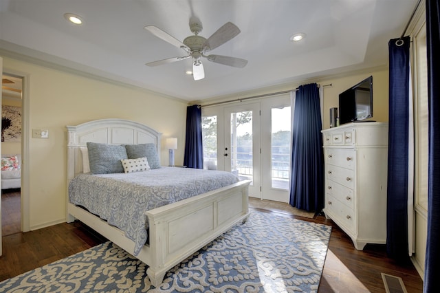 bedroom featuring access to exterior, recessed lighting, visible vents, and dark wood-type flooring