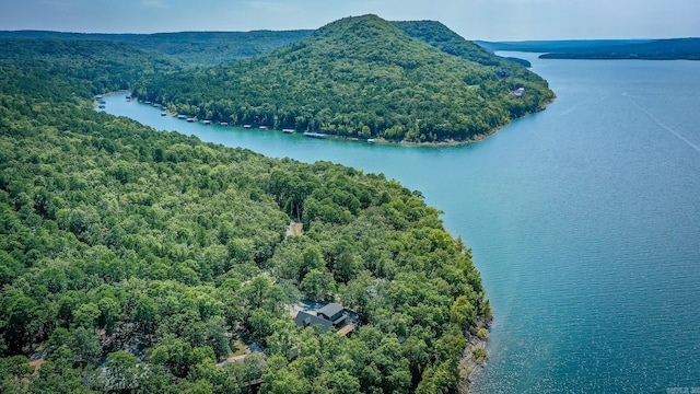 drone / aerial view featuring a water and mountain view