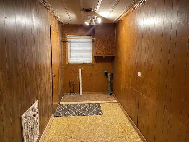 washroom with wooden walls