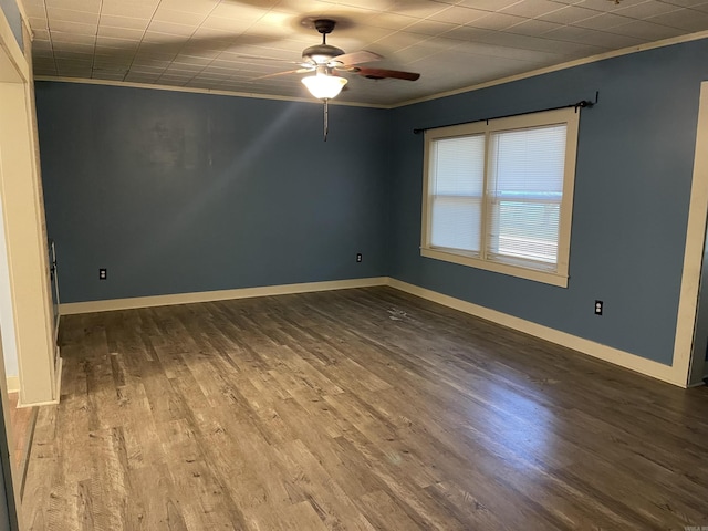 unfurnished room with ornamental molding, hardwood / wood-style floors, and ceiling fan