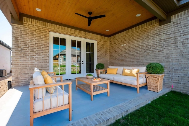 view of patio / terrace featuring french doors, ceiling fan, and outdoor lounge area