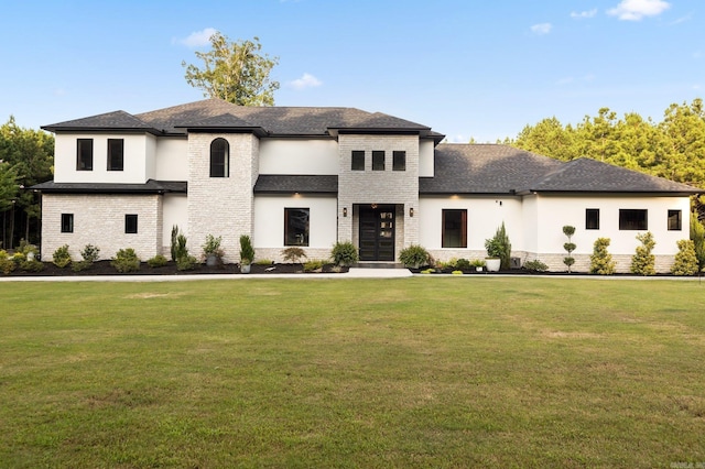 view of front of home with brick siding, roof with shingles, a front lawn, and stucco siding