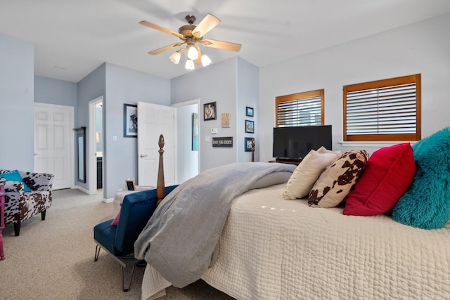 bedroom featuring light carpet and ceiling fan