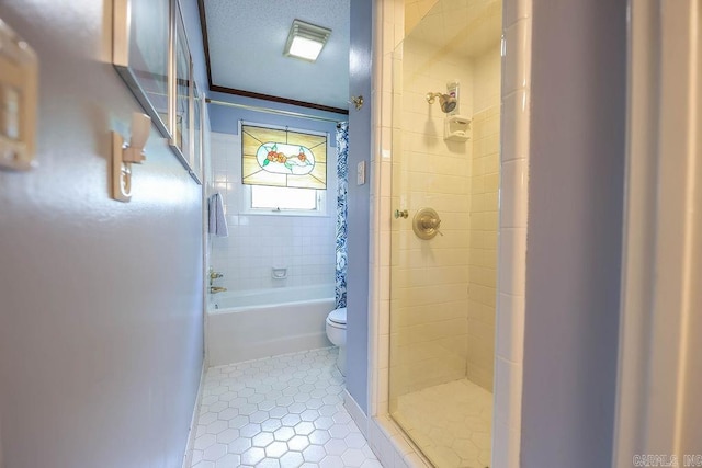 bathroom featuring a textured ceiling, crown molding, toilet, and tile patterned flooring