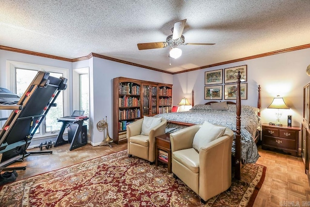 bedroom featuring ceiling fan, a textured ceiling, ornamental molding, and light parquet floors