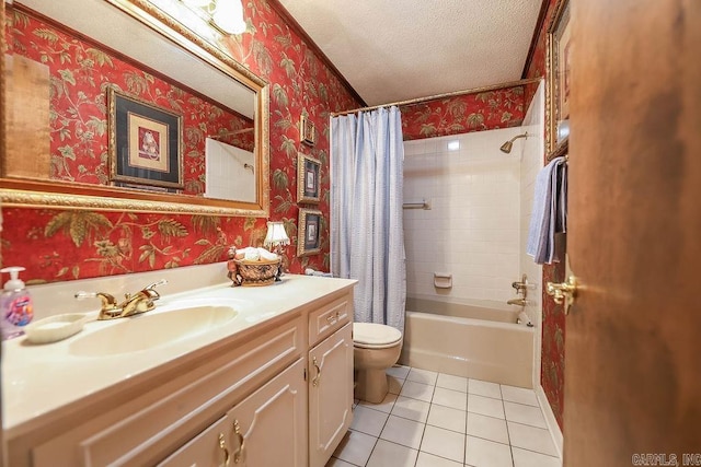 full bathroom with a textured ceiling, toilet, tile patterned floors, shower / bathtub combination with curtain, and vanity