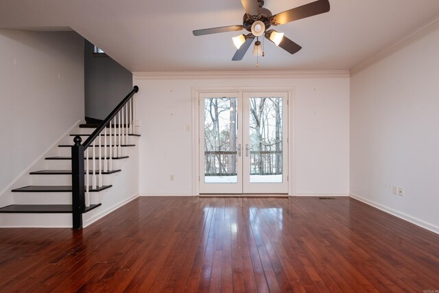 staircase with sink, hardwood / wood-style floors, and ornamental molding