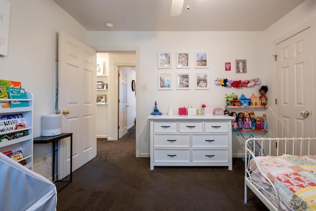 carpeted bedroom with ceiling fan