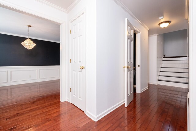 hall with crown molding and dark hardwood / wood-style floors