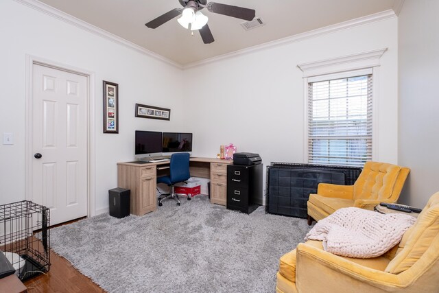 office area with ceiling fan, hardwood / wood-style flooring, and crown molding