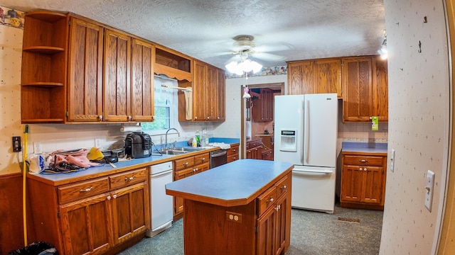 kitchen with sink, a center island, a textured ceiling, dishwasher, and white fridge with ice dispenser