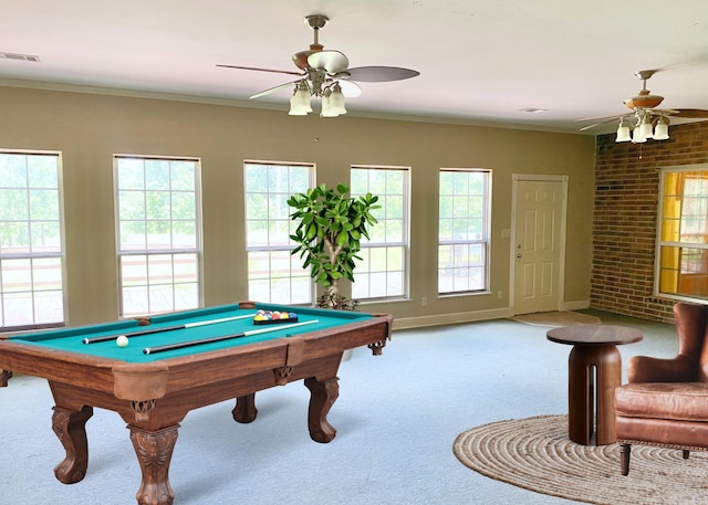 rec room featuring light carpet, brick wall, crown molding, and billiards