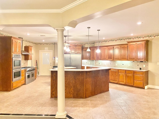 kitchen featuring decorative columns, tasteful backsplash, appliances with stainless steel finishes, a kitchen island with sink, and light tile patterned floors