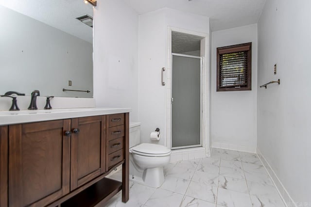 bathroom featuring marble finish floor, a shower stall, visible vents, and a textured ceiling