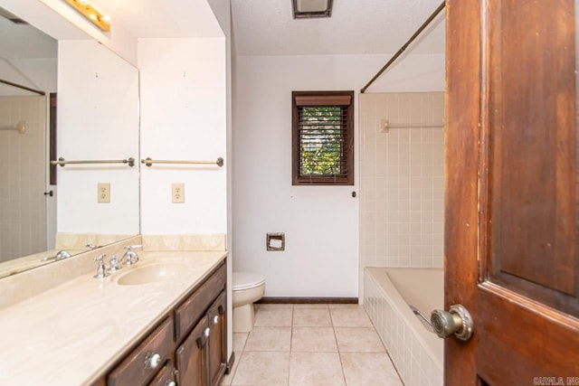 bathroom with toilet, shower / bath combination, vanity, baseboards, and tile patterned floors