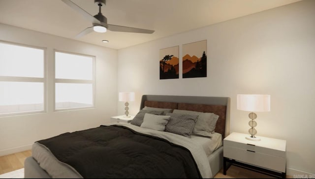 bedroom with ceiling fan and light hardwood / wood-style flooring