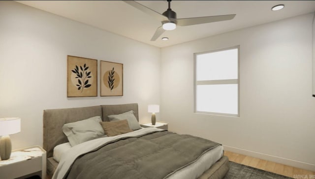 bedroom featuring ceiling fan and wood-type flooring