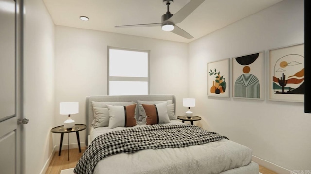 bedroom featuring ceiling fan and wood-type flooring