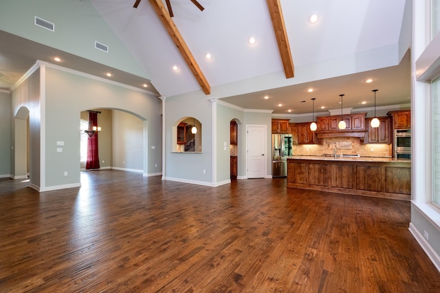 unfurnished living room with beam ceiling, ornamental molding, high vaulted ceiling, and dark hardwood / wood-style floors