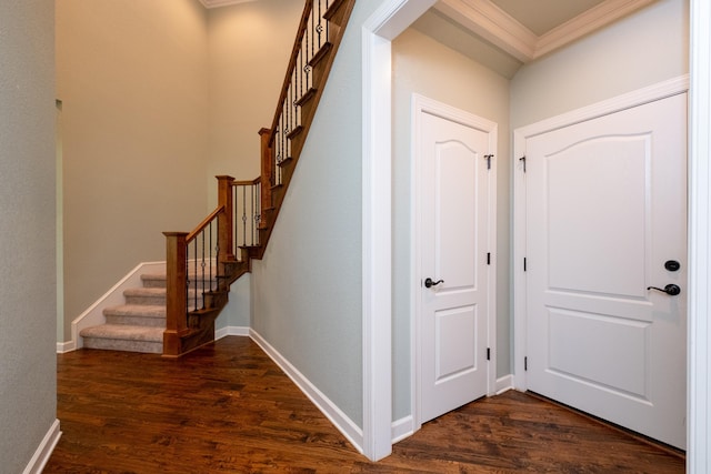 foyer entrance featuring crown molding and dark hardwood / wood-style floors