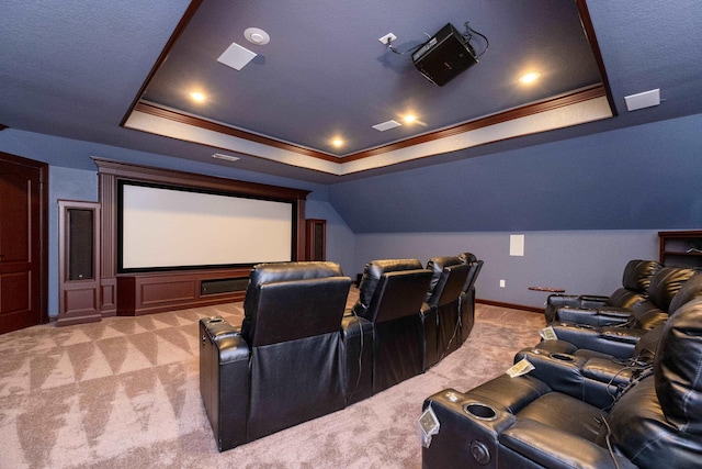 carpeted cinema with ornamental molding and a raised ceiling