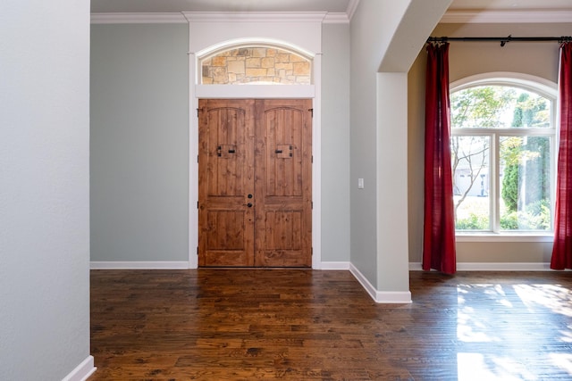 foyer entrance featuring ornamental molding and dark hardwood / wood-style flooring