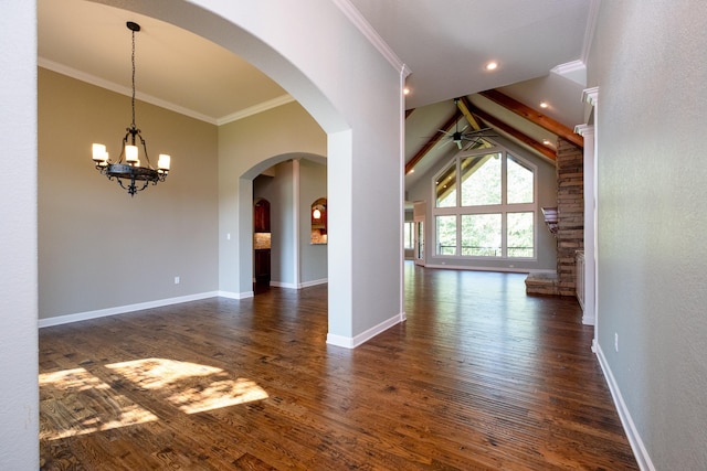 unfurnished room featuring high vaulted ceiling, ornamental molding, dark hardwood / wood-style flooring, ceiling fan with notable chandelier, and beamed ceiling