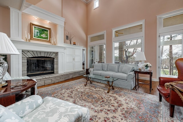 living room featuring hardwood / wood-style flooring and a towering ceiling