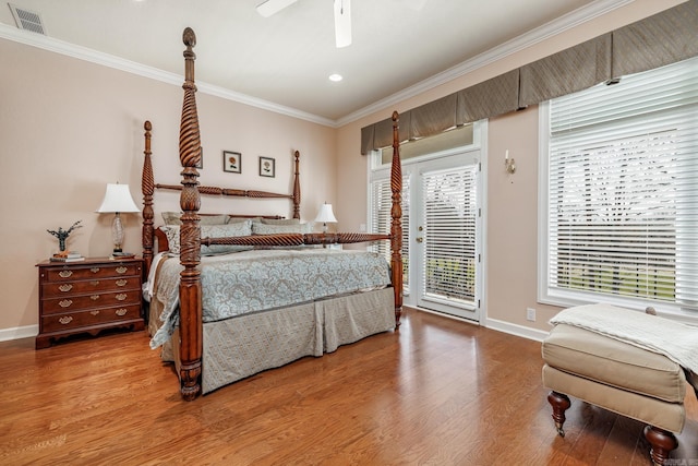 bedroom with ceiling fan, crown molding, hardwood / wood-style floors, and access to exterior