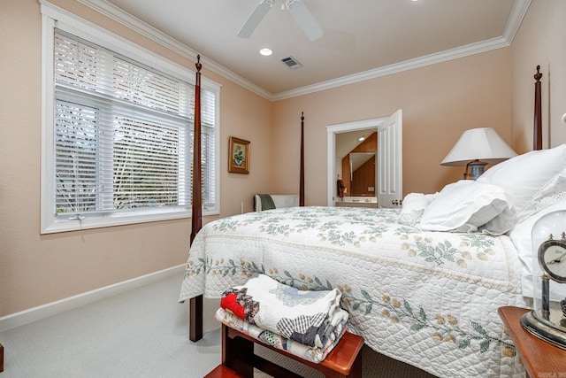 bedroom featuring ornamental molding, carpet flooring, and ceiling fan